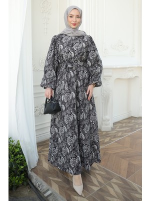 İmaj Butik Siyah Balon Kol Desenli Viscon Elbise