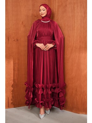 İmaj Butik Bordo Etek Ucu Fırfırlı Pelerinli Abiye
