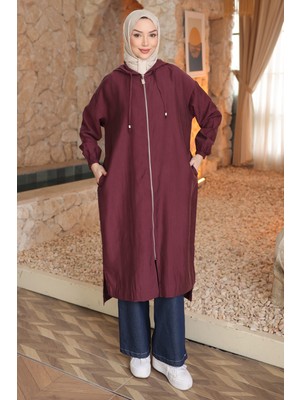 İmaj Butik Mürdüm Kapüşonlu Fermuarlı Kap