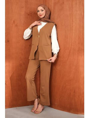 İmaj Butik Camel Gömlek Yelek Pantolonlu 3'lü Kombin Takım