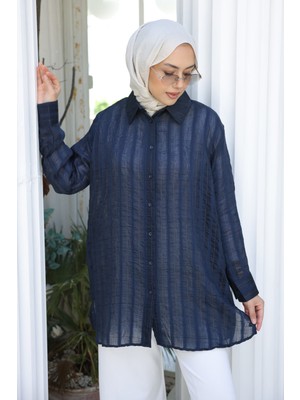 İmaj Butik Lacivert Çizgili Salaş Gömlek