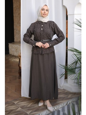 İmaj Butik Kahverengi Desenli Modal Gömlek Etekli Takım