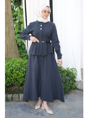 İmaj Butik Antrasit Desenli Modal Gömlek Etekli Takım