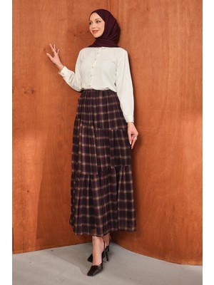 İmaj Butik Mürdüm Eteği Katlı Desenli Şifon Etek