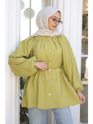 İmaj Butik Yağ Yeşili Yaka Pileli Bel Bağlamalı Gömlek