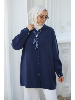 İmaj Butik Lacivert Etnik Fularlı Modal Dokuma Gömlek