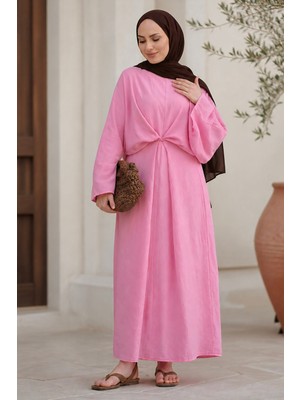 İmaj Butik Pembe Bağlama Detaylı Salaş Müslin Elbise