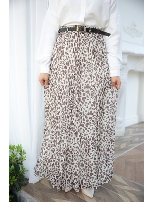 İmaj Butik Krem / Kahverengi Bel Lastikli Desenli Şifon Etek
