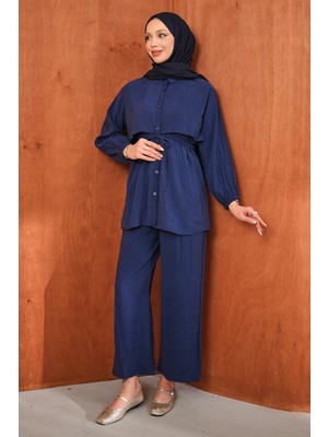 İmaj Butik Lacivert Bel Bağlamalı Tunik Pantolonlu Takım