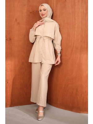 İmaj Butik Bej Bel Bağlamalı Tunik Pantolonlu Takım