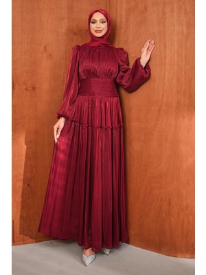 İmaj Butik Bordo Bel Büzgülü Katlı Abiye