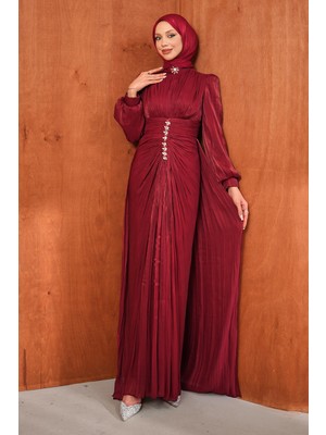 İmaj Butik Bordo Taş Detaylı Drapeli Janjan Abiye