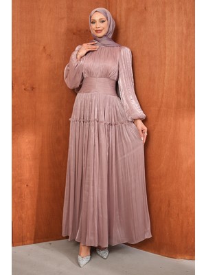 İmaj Butik Pudra Bel Büzgülü Katlı Abiye