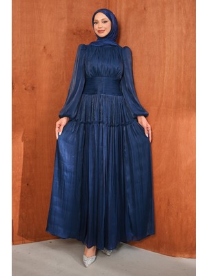 İmaj Butik Lacivert Bel Büzgülü Katlı Abiye