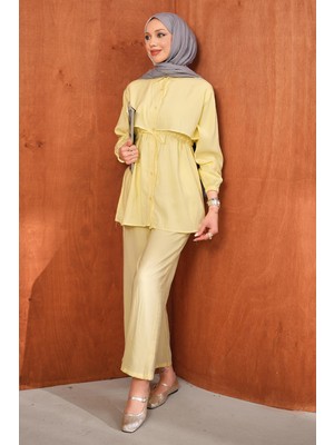 İmaj Butik Sarı Bel Bağlamalı Tunik Pantolonlu Takım