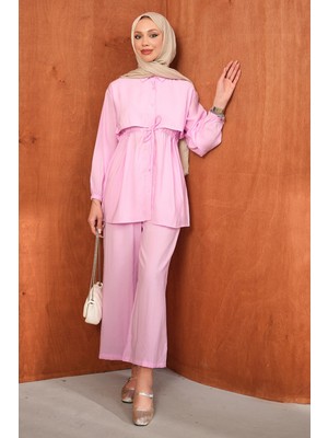 İmaj Butik Pembe Bel Bağlamalı Tunik Pantolonlu Takım