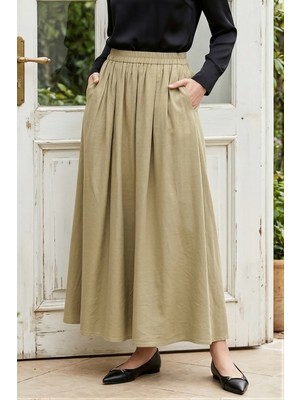 İmaj Butik Olive Bel Lastikli Çift Cepli Parçalı Etek