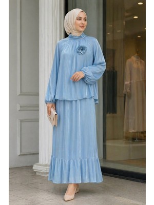 İmaj Butik Bebe Mavi Kol Lastikli Bronş Detaylı Bluz Etekli Takım
