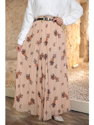 İmaj Butik Bej Bel Lastikli Desenli Şifon Etek