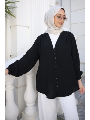 İmaj Butik Siyah V Yaka Düğmeli Gömlek