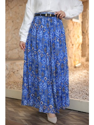 İmaj Butik Saks Mavi Bel Lastikli Desenli Şifon Etek