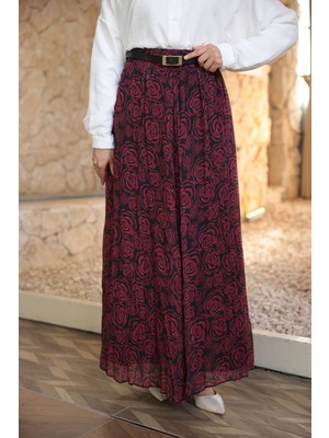 İmaj Butik Bordo Bel Lastikli Desenli Şifon Etek