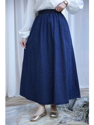 İmaj Butik Koyu Mavi Bel Lastikli Cepli Kot Etek