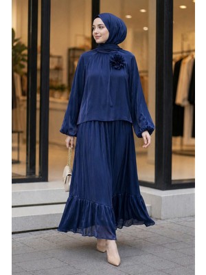 İmaj Butik Lacivert Kol Lastikli Bronş Detaylı Bluz Etekli Takım