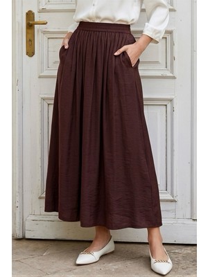 İmaj Butik Mürdüm Bel Lastikli Çift Cepli Parçalı Etek