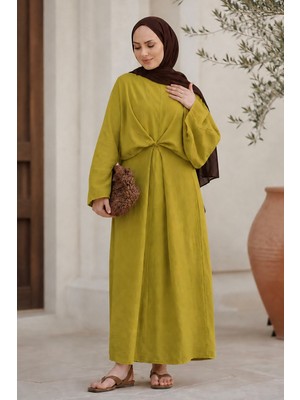 İmaj Butik Yağ Yeşili Bağlama Detaylı Salaş Müslin Elbise