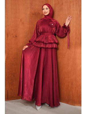 İmaj Butik Bordo Balon Kol Bel Detaylı Abiye