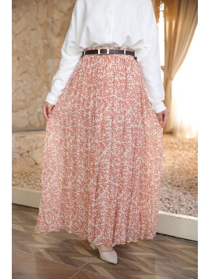 İmaj Butik Krem/kiremit Bel Lastikli Desenli Şifon Etek