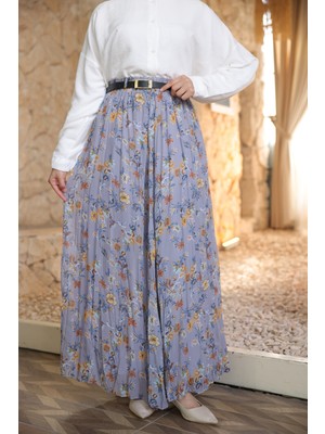 İmaj Butik Lila Bel Lastikli Desenli Şifon Etek
