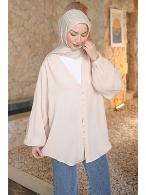 İmaj Butik Bej V Yaka Düğmeli Gömlek