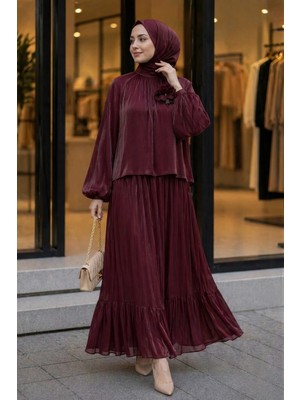 İmaj Butik Bordo Kol Lastikli Bronş Detaylı Bluz Etekli Takım