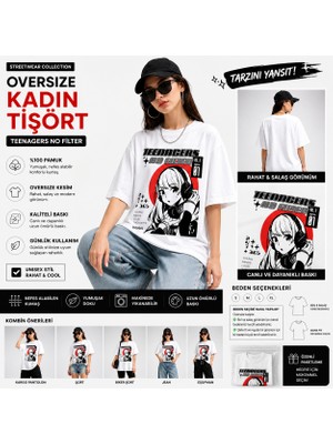 Tişört Kodu Oversize Kadın Tişört – “teenagers No Filter” Anime Baskılı Streetwear Tasarım