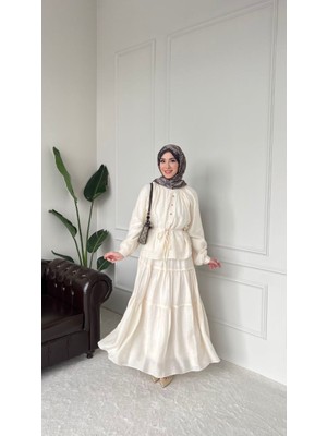 Esra Butik Tensel Kumaş Beyaz Belden Bağlamalı Kat Kat Etekli Tesettür Takım
