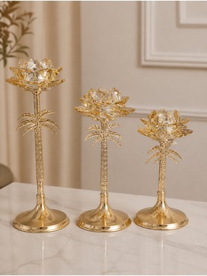 Be-Lis 3’lü Palmiye Tasarımlı Dekoratif Şamdan Mumluk Seti Gold Metal & Cam Detaylı (33 cm – 27 cm – 23 Cm) Modern Lüks Ev Dekoru