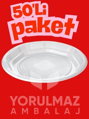 Yorulmaz Ambalaj 🍽️ 21 cm Beyaz Plastik Tabak 50’li Paket 🥗 Tek Kullanımlık – Hijyenik ve Pratik