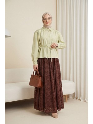 Moda Morfo Omuzları Büzgülü Bağcıklı Gömlek Bluz -Zeytin