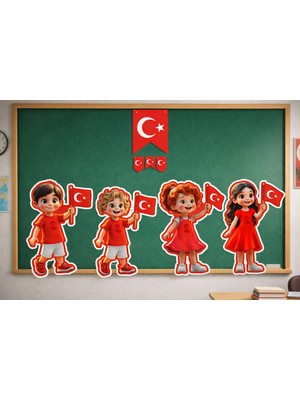 Minopi 23 Nisan Çocuk Figürlü Süsleme Seti Türk Bayraklı Sınıf Duvar Pano Süsü 8 Parça