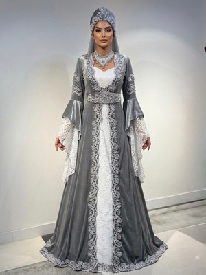 Atölye Kaftan Butik Gri Kadife Kaftan Bindallı