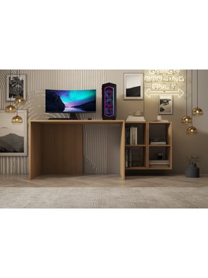 Ergonomik Oyuncu ve Çalışma Masası - 4 Bölmeli Raflı Meşe Ofis ve Bilgisayar Masası NRG-OYNM-1003