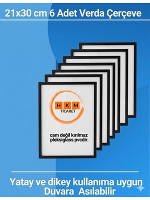 Verda Çerçeve 6 Adet A4 21X30 cm Siyah Fotoğraf Çerçevesi Diploma Sertifika Çerçevesi