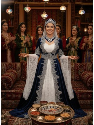 Atölye Kaftan Butik Lacivert Kadife Kaftan Bindallı 6 Parça