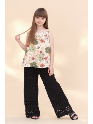 DobaKids Kız Çocuk Siyah Ajurlu Wide Leg Bol Paça Pantolon Çiçekli Krinkıl Askılı Tunik Takım