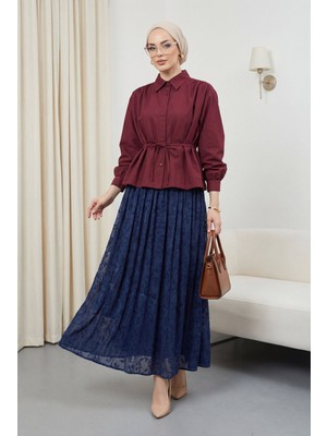 Moda Morfo Omuzları Büzgülü Bağcıklı Gömlek Bluz -Bordo