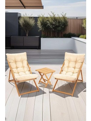 Pearl Shop Flex 2'li Ahşap Puf Minderli Bahçe, Balkon, Teras ve Plaj Katlanır Şezlong Set Bistro