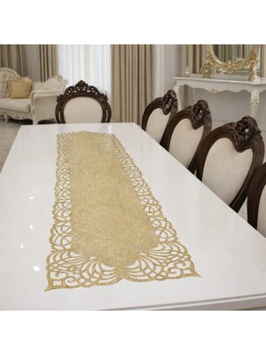 Simli Altın Renk Lazer Kesim Runner – Modern Desenli Şık Masa Örtüsü | Salon & Sehpa Dekoru 100 x 33