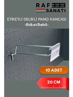 Raf Sanatı Etiketli Delikli Pano Kancası 20 cm | 10 Adet | Tel Askı Kancası | Delikli Panel Raf Askısı | Fon Kancası Etiketli